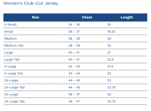 Womens Club Cut Jersey Size Chart